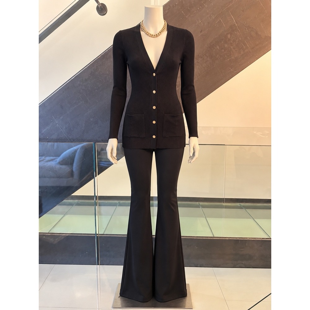 Cache Black Ribbed Longline Cardigan V-Neck Gold Button Sweater XS